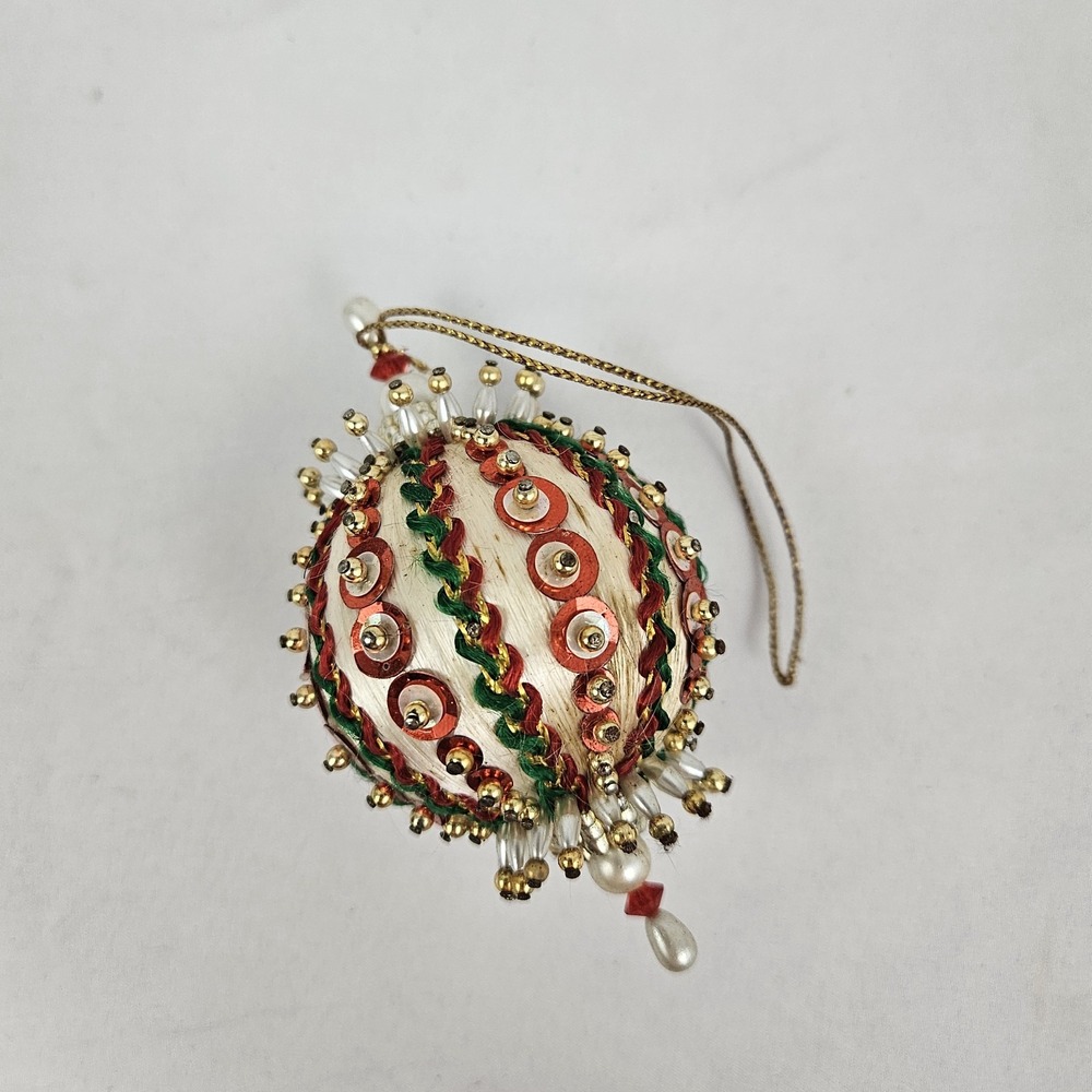 Vintage Push Pin Ornament Satin Sequin Beaded Pearls Christmas Decor Green Red